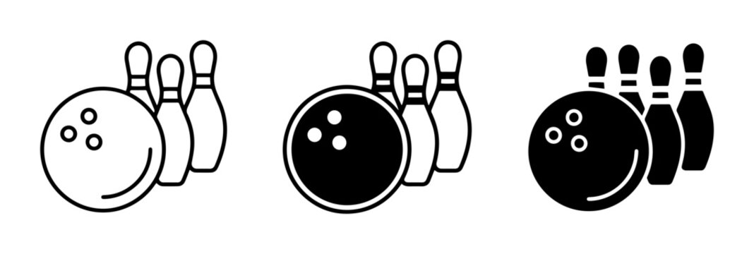 Bowling icon set ball and pins outline, solid and color styles