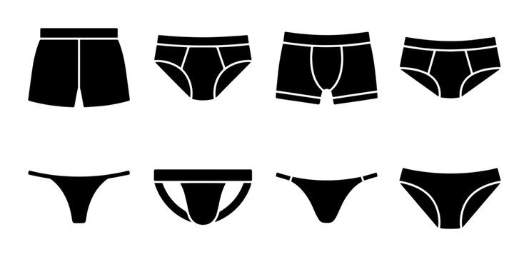 Underwear icon set briefs, boxers, thongs, jockstrap solid styles, white background