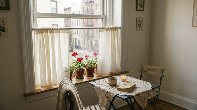 Cozy Urban Apartment Nook with Caf&eacute; Curtains and City View