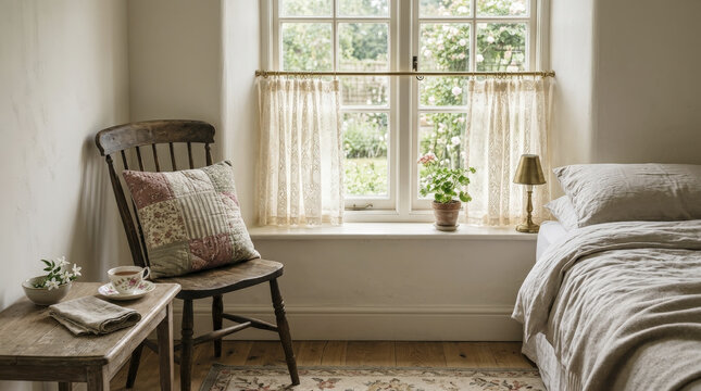 Cozy rustic bedroom with charming lace cafe curtains, a quilted pillow, and tranquil window garden view.