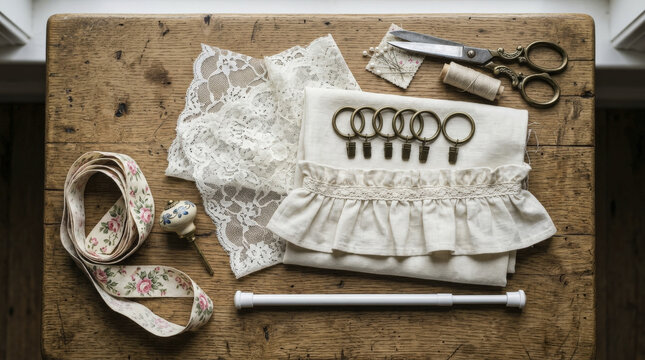 Flat lay of vintage sewing supplies and lace for DIY cafe curtains on a rustic wooden table.
