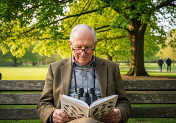 Fototapeta premium Senior Man Enjoying Birdwatching Hobby Reading Ornithology Guidebook on Park Bench