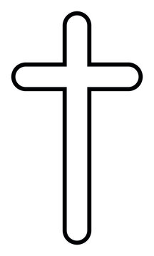 Christian cross, black and white vector silhouette illustration of religious rounded Latin cross shape isolated on white