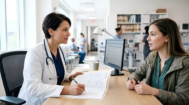 Doctor consulting patient at desk, medical office, doctor's visit, healthcare concept