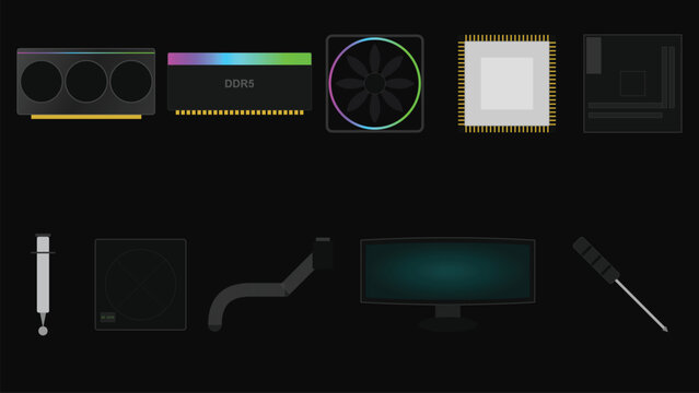 Pc hardware components gaming technology flat vector illustration for custom computer building content