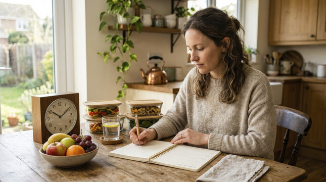 Woman planning healthy meals and tracking time for circadian fasting lifestyle at home.