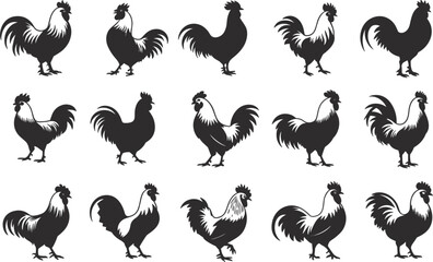 Rooster silhouette vector illustration set with different positions, monochrome farm animal collection isolated graphics © Sanjina