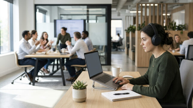Focused Young Businesswoman Working on Laptop in Dynamic Hybrid Office Environment