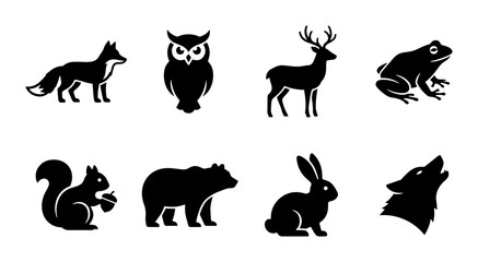 Fototapeta premium 8 Forest Animals linear icon set fox owl deer frog squirrel bear rabbit wolf, UI and web interface design