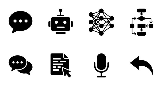 8 AI and technology linear icon set chat bot neural network flowchart microphone, UI and web interface design