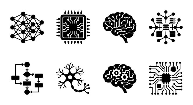 Artificial Intelligence icon set neural network brain chip flowchart neuron, UI and web interface design