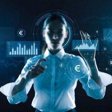 Businessman interacting with floating holographic financial charts and currency symbols in a futuristic digital environment, representing digital finance and advanced data analysis.