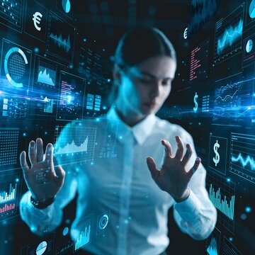 Businessman interacting with floating holographic financial charts and currency symbols in a futuristic digital environment, representing digital finance and advanced data analysis.