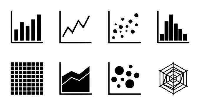 8 Data Charts linear icon set bar graph line chart scatter plot, UI and web interface design