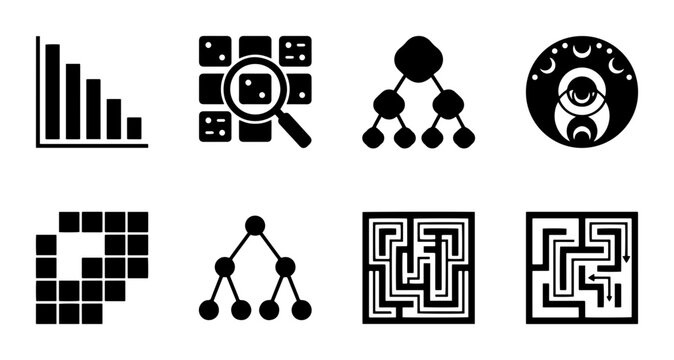 8 Data and Logic icons set charts, dice, trees, mazes, UI and web interface design