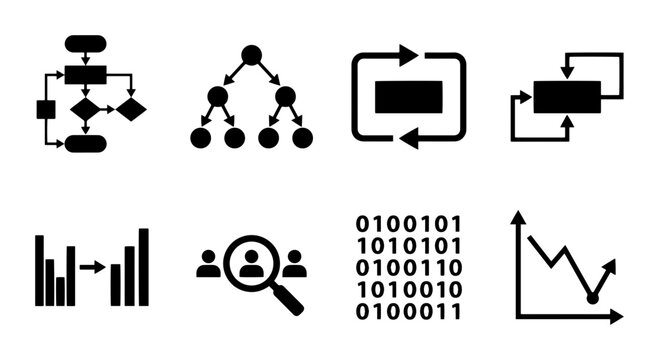 Data processing 8 icon set flowchart tree binary code analytics charts user search UI and web interface design