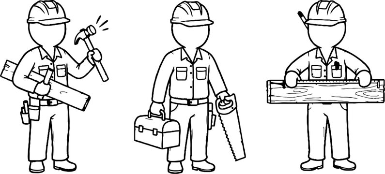 Cartoon construction workers with tools and hard hats.