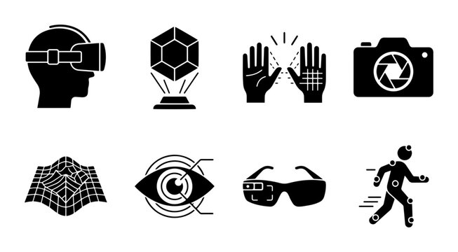 Virtual Reality icon set headset hologram motion capture camera eye tracking VR glasses motion suit, UI and web interface design