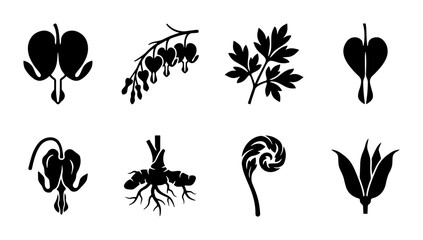 8 Botanical linear icon set bleeding heart flower, fern frond, root system, parsley plant, UI and web interface design © Bundleprohub