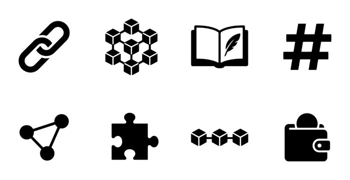 Technology and data icon set blockchain network link book puzzle wallet, UI and web interface design