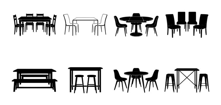 Dining Set Silhouettes, Kitchen Table and Chair Icons, Modern Furniture Vector Collection