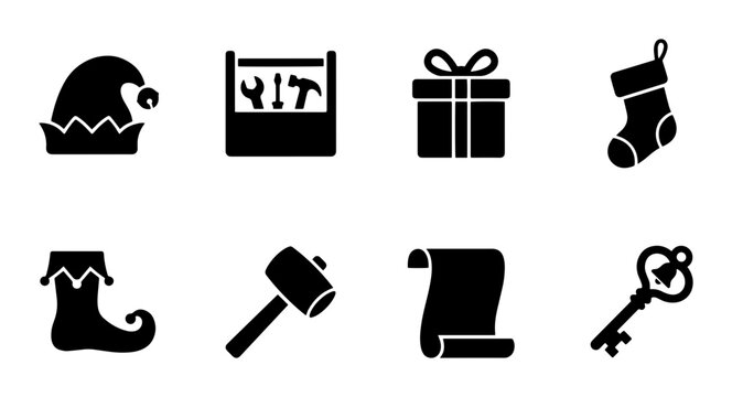 Christmas Icons Set: Elf Hat, Toolbox, Gift Box, Stocking, Scroll, Key, Hammer, Festive Symbols