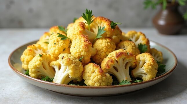 Primer plano de una coliflor romanesco entera asada con ajo, ralladura de lim&oacute;n y perejil