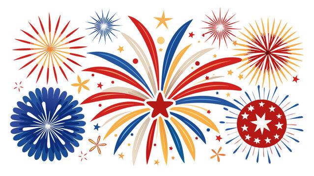 Colorful Fireworks Explosion with Stars and Bursts in Flat Design Vector Illustration