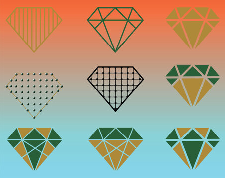 Geometric diamond pattern collection featuring abstract line, grid, and triangular designs in orange and green tones on orange to blue gradient background
