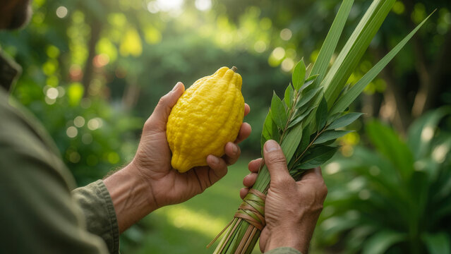 Man holding lulav and vibrant yellow etrog in green garden, Jewish Sukkot holiday and religious tradition