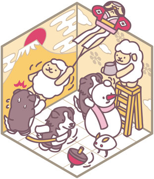 年賀状素材　羊と犬　正月イラスト　正月遊び　凧揚げ　独楽回し　アイソメトリック　デザイン
