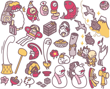 年賀状素材　イラスト　ダルマ　縁起物　おせち料理　鶴亀