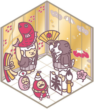 年賀状素材　羊と犬　正月イラスト　ダルマ　鯛　書き初め　アイソメトリック　デザイン