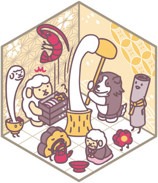 年賀状素材　羊と犬　正月イラスト　餅つき　おせち料理　アイソメトリック　デザイン