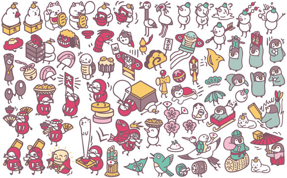 年賀状素材　正月イラスト　縁起物　ダルマ　縁起物　鏡餅