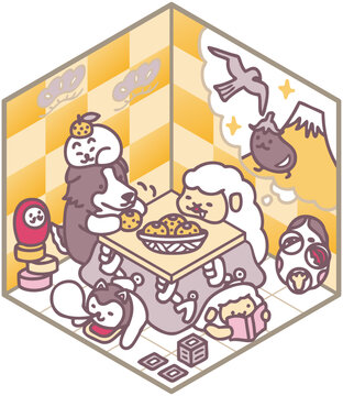 年賀状素材　羊と犬　正月イラスト　コタツ　アイソメトリック　デザイン