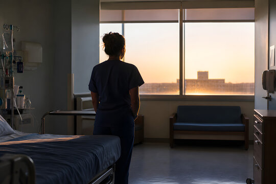 Lone nurse silhouetted by dawn in quiet hospital ward