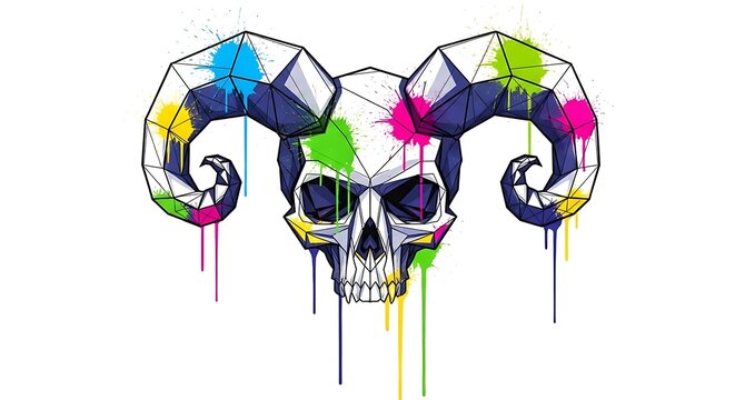 Colorful geometric skull with ram horns and dripping paint splatters