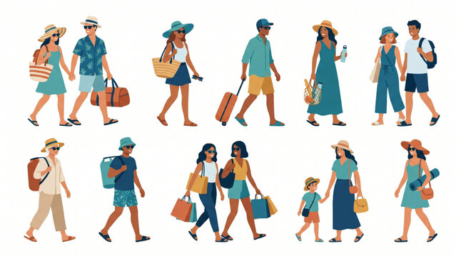 Architectural CAD Lifestyle People Collection Coastal Resort Development Tourists Carrying Bags Sun Hats Casual Summer Outfits Contemporary Flat Vector Illustration