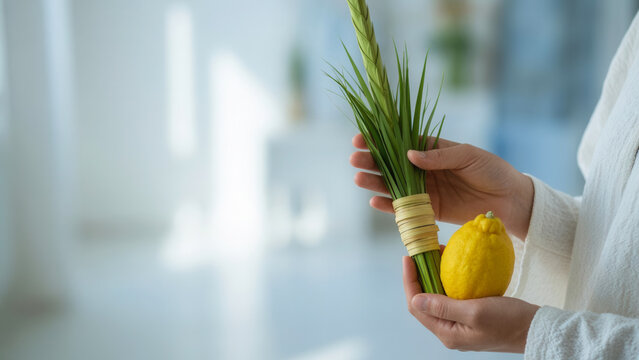 Man holding lulav and etrog in a bright room, Sukkot celebration and Jewish holiday tradition