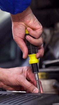 car mechanic hands and screwdriver tools working on automobile performance. Mechanic  man motor technician, repair service and maintenance vehicle machine inspection