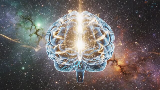 glowing abstract human brain with neural network connections, energy lightning strikes, against a starry nebula background, representing intelligence and consciousness