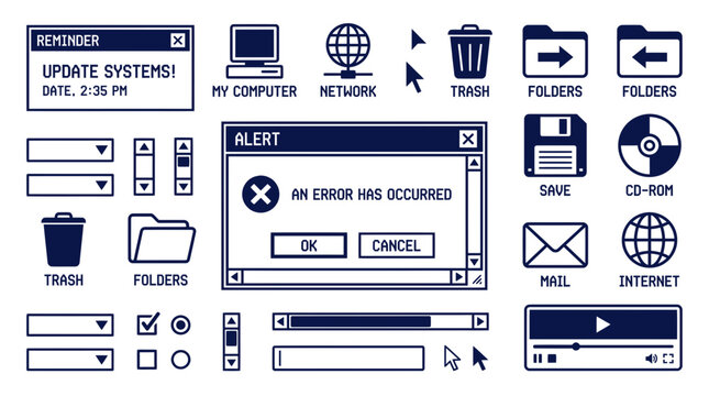 Retro Computer Icons and UI Elements: Old Windows Style