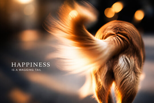 A blurred, golden-brown dog's tail wagging in a warmly lit, dark setting.