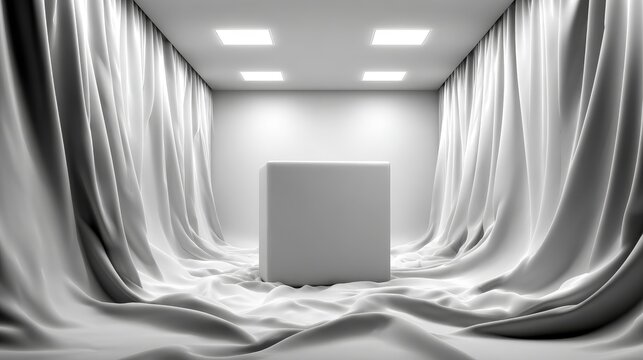 White geometric cube resting on draped silver fabric