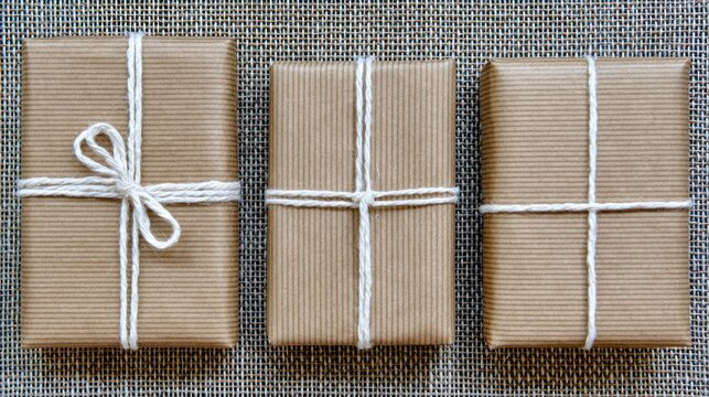 Three Brown Gift Boxes Wrapped with White String on Textured Surface