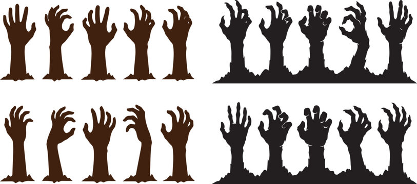 Collection of ten zombie hands rising from ground silhouette set with silhouette halloween reaching illustration collection mysterious
