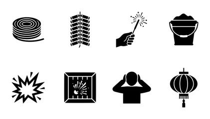 Celebration Fireworks Icons: Firecracker, Sparkler, Lantern, Explosions, Safety Symbols, Vector Set © Bundleprohub