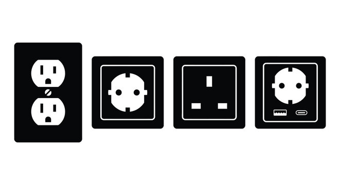 Electrical Outlets And Sockets Black Silhouette On White Background