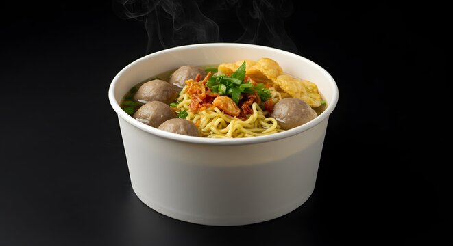 Indonesian Bakso Meatball Noodle Soup in White Takeaway Bowl